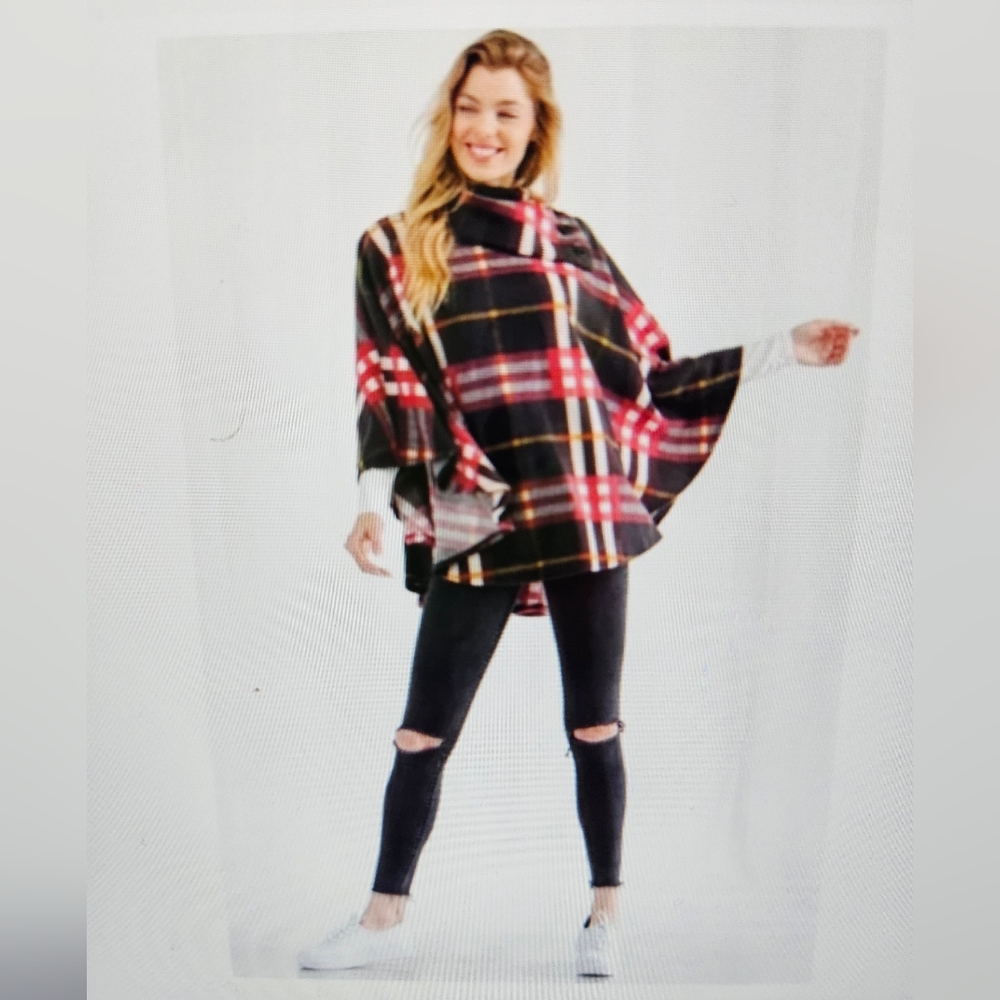 A Girl Thing Plaid Poncho - Black and Red